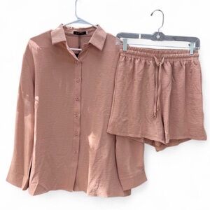 NWT KOJOOIN Blush Button-Up Lounge Shirt & Drawstring Shorts Set Size S